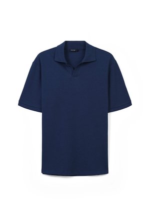 Marineblaues Kurzarm-Polohemd mit klassischem Kragen, strukturiertem Stoff und lockerer Passform, mit einem dezenten Markenlabel am Hals.