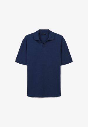 Marineblaues Kurzarm-Polohemd mit klassischem Kragen, strukturiertem Stoff und lockerer Passform, mit einem dezenten Markenlabel am Hals.