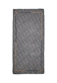 Sciarpa con stampa leopardata su sfondo grigio con macchie nere. I bordi presentano un contrastante bordino scuro e accenti in catena dorata. Materiale morbido.