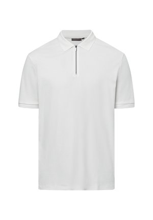 Kurzer, weißer Poloshirt aus glattem Stoff, mit Stehkragen und einem halben Reißverschluss vorne. Schlichtes Design ohne Muster.