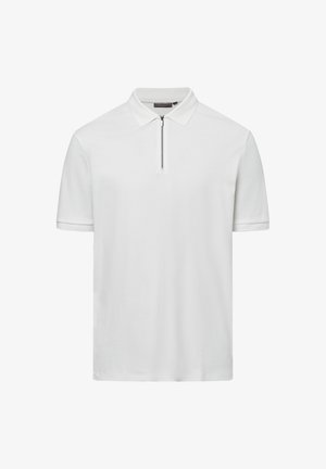 Kurzer, weißer Poloshirt aus glattem Stoff, mit Stehkragen und einem halben Reißverschluss vorne. Schlichtes Design ohne Muster.
