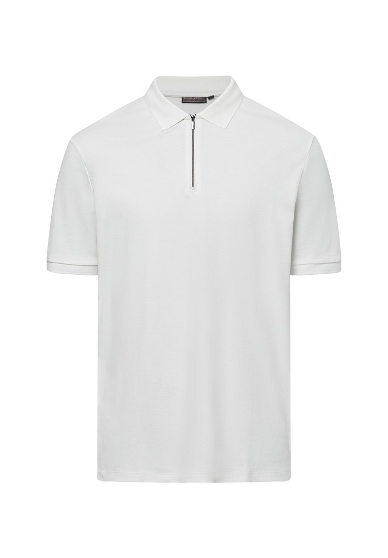 Kurzer, weißer Poloshirt aus glattem Stoff, mit Stehkragen und einem halben Reißverschluss vorne. Schlichtes Design ohne Muster.