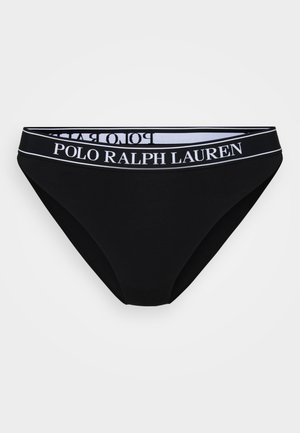 Black cotton bikini with a wide elastic waistband featuring "POLO RALPH LAUREN" logo in white. Smooth texture, classic cut.