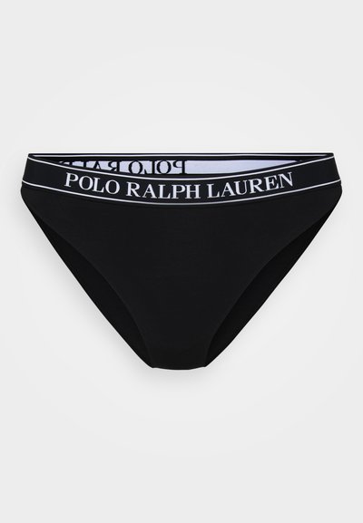 Costum de baie negru din bumbac cu un talie elastică lata, având logo-ul "POLO RALPH LAUREN" în alb. Textură netedă, croială clasică.