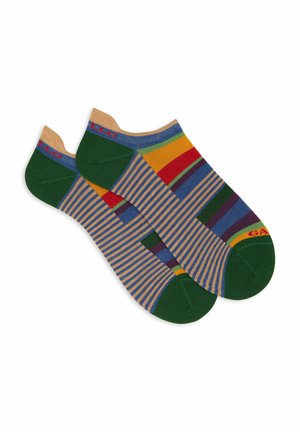 Calzini alla caviglia colorati con strisce verdi, blu, gialle, viola e rosse su una base a righe con un risvolto beige. Tallone e punta rinforzati.