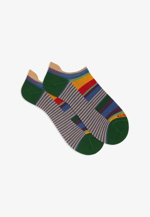 Calzini alla caviglia colorati con strisce verdi, blu, gialle, viola e rosse su una base a righe con un risvolto beige. Tallone e punta rinforzati.
