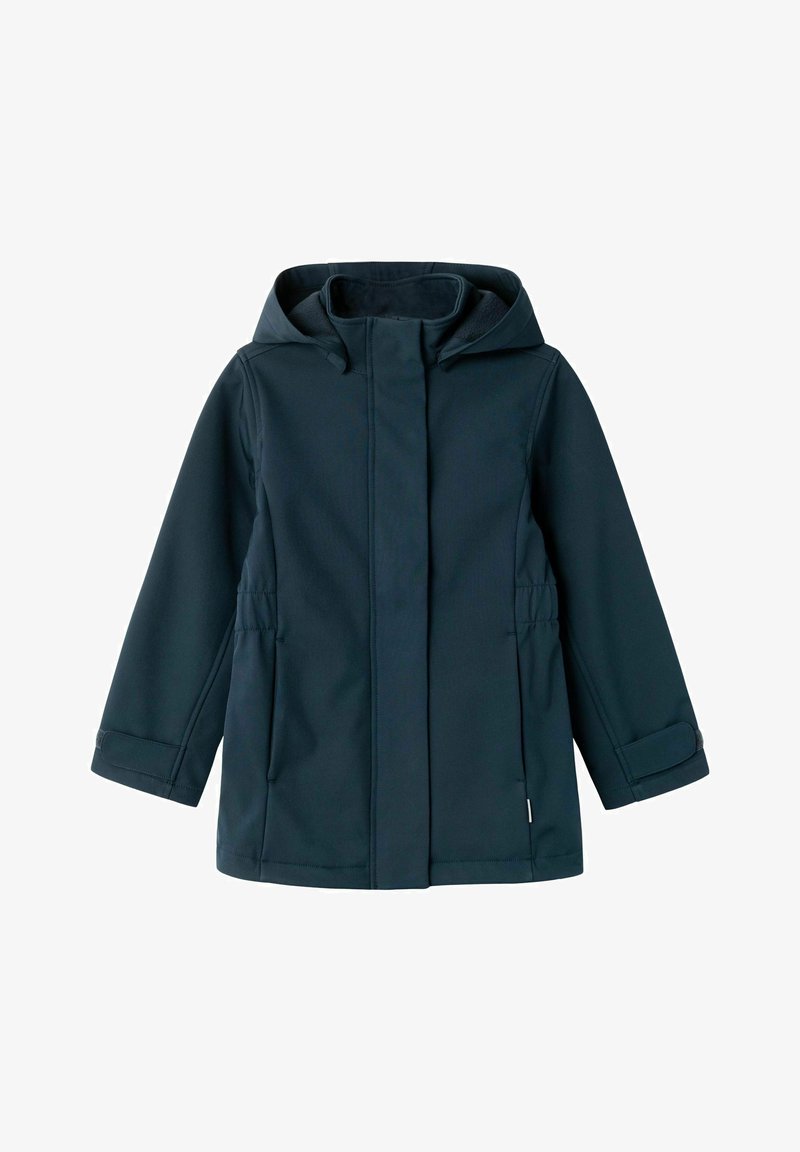 Marineblå vandtæt jakke med hætte, med lange ærmer, lige pasform, to side lommer og elastiske manchetter. Glat tekstur.