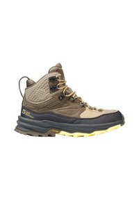 Scarpe da trekking marroni e beige con accenti gialli, suola Vibram robusta, allacciatura frontale, caviglia imbottita e logo Jack Wolfskin sul tallone.