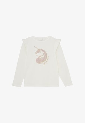 Wit katoenen overhemd met lange mouwen, voorzien van een unicornafbeelding in pastelkleuren met gouden accenten. Rimpel detail aan de mouwranden.