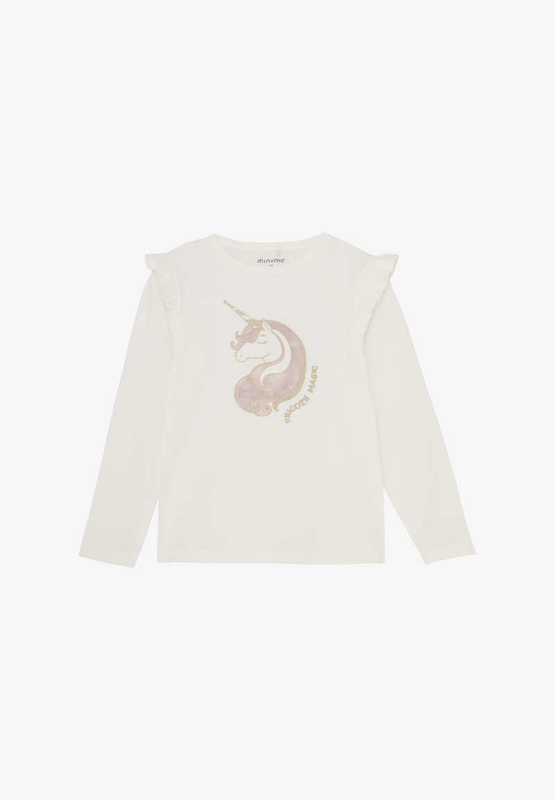 Langarm-Hemd aus weißer Baumwolle mit einem Einhorn-Graphic in Pastellfarben und goldenen Akzenten. Rüschendetails an den Ärmelenden.
