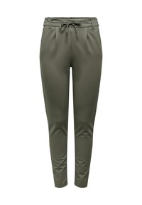 Pantalon fuselé vert olive avec taille élastique et cordon à l'avant, avec poches latérales et texture lisse.