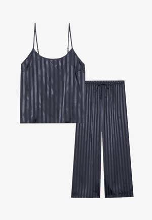 Dark satin sleep set featuring a sleeveless top and full-length pants, both with a vertical striped pattern and an elastic waistband.