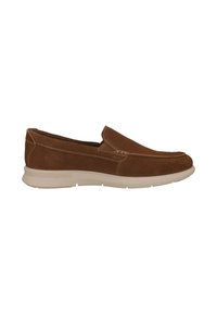 Braune Wildleder-Schlupfschuhe mit runder Spitze, hellfarbiger Sohle und kontrastierendem Nähen. Schlichtes Design ohne sichtbare Beschläge.