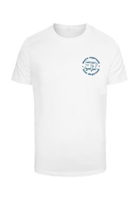 White cotton t-shirt featuring a blue graphic design with coffee cups and the text "more espresso, less depress." Short sleeves, round neck.