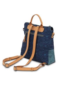 Mochila de color azul marino con estampado y correas de piel color marrón, que cuenta con un bolsillo con cremallera en la parte superior y un panel inferior texturizado de color azul claro.