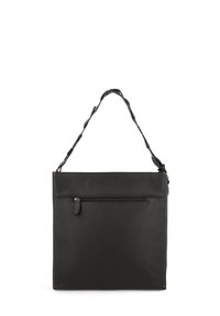 Sac en cuir noir avec une finition texturée, doté d'une fermeture zippée sur le dessus et d'une poche zippée extérieure, complété par une bandoulière.