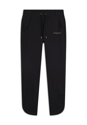 Pantaloni jogger neri realizzati in un tessuto morbido, con una vita regolabile tramite cordoncino, tasche laterali e un logo "FREDDY" ricamato in oro.
