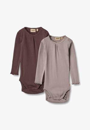 Kaks pikka varrukat keha aluspesu tumehallis ja heleda taupe värviga, millel on volangääred ja nööbid kaela juures. Valmistatud pehmest soonilisest kangast.