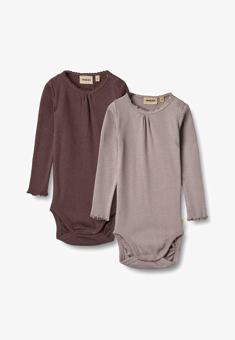 Due bodysuit a maniche lunghe in mauve scuro e taupe chiaro, con bordi arricciati e chiusura a bottoni sul collo. Realizzati in morbidissimo tessuto a costine.