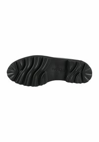 Schwarze Schuhsohle mit einem strukturierten Profil, das tiefe Rillen für besseren Halt und eine glatte, flache Oberfläche in der Mitte aufweist.