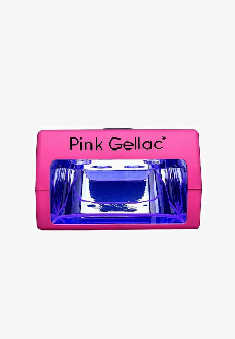 Roze gel UV-lamp met een glanzende afwerking, rechthoekige vorm, transparante venster en blauwe binnenverlichting. Logo weergegeven op de bovenkant.