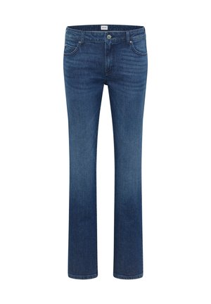 Džíny z denimu v tmavomodrej farbe so strihom rovného nohavice, ktoré majú päť vreciek, zapínanie na gombík a zips a jemné vyblednutie na stehnách.