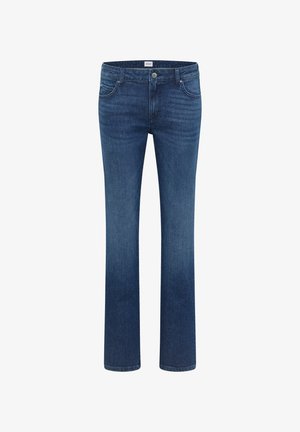 Tumši zila džinsu bikses ar taisnu kāju dizainu, kurās ir piecas kabatas, pogas un rāvējslēdzēja aizdare, un viegla izbalēšana uz gurniem.