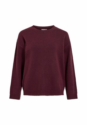 Tamsiai bordo ilgas rankovėmis megztinis su apvalia iškirpte ir raukiniais rankogaliuose bei apatin�ėje dalyje, pateiktas ant baltos fono.