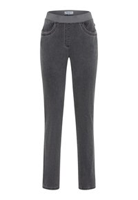 Pantaloni in denim grigio con vita elasticizzata, dotati di due tasche anteriori e cuciture in contrasto. Vestibilità dritta con una texture liscia.