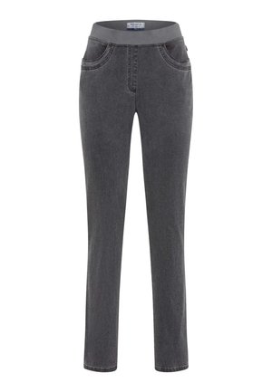 Gray denim pants with a stretchy waistband, featuring two front pockets and contrast stitching. Straight-leg fit with a smooth texture.