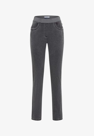 Gray denim pants with a stretchy waistband, featuring two front pockets and contrast stitching. Straight-leg fit with a smooth texture.
