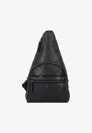 Schwarze Leder-Schultertasche in dreieckiger Form, mit mehreren Reißverschlussfächern und einem kleinen Ankerlogo auf der vorderen Tasche.