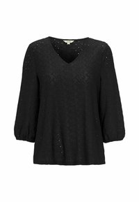 Blusa nera a scollo a V con maniche a tre quarti e un intricato motivo di pizzo ad occhiello su tutta la superficie.