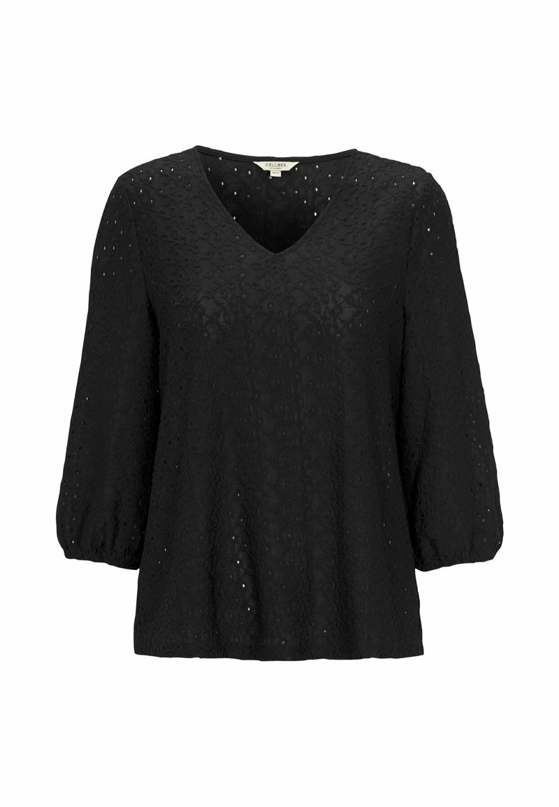 Blusa nera a scollo a V con maniche a tre quarti e un intricato motivo di pizzo ad occhiello su tutta la superficie.