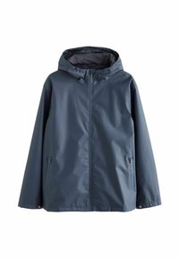 Giacca impermeabile blu navy con cappuccio, dotata di una zip frontale a tutta lunghezza, due tasche laterali e una texture liscia e lucida.