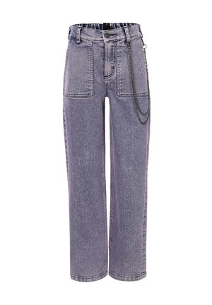Lichtpaarse denim wijde jeans met een hoge taille, twee zijzakken en een zilveren kettingaccent dat aan de riemlus is bevestigd.