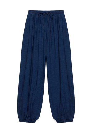 Pantalon ample bleu marine avec taille élastique, cordon de serrage et bas élastiqués aux chevilles.