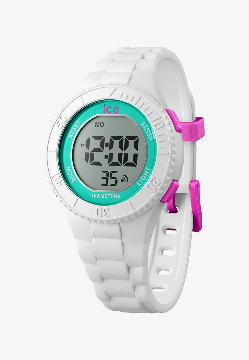 Cyfrowy zegarek z białym silikonowym paskiem, turkusową tarczą, różowymi akcentami, dużym wyświetlaczem LCD i wodoodpornością do 100 metrów.