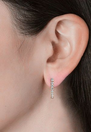 Orecchino a cerchio in argento con un design verticale, adornato con piccoli gemme trasparenti, che pende dal lobo dell'orecchio su uno sfondo di pelle liscia.