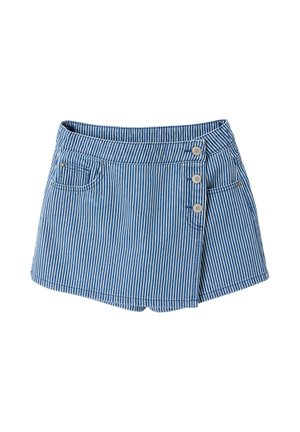 Blue and white vertical striped denim skirt with front button closure and two side pockets, flat lay on white background.