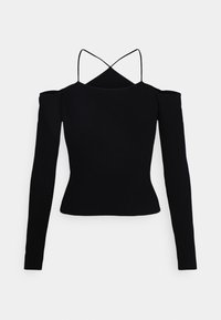 Top negro de canalé con mangas largas y diseño off-shoulder. Presenta finas tiras entrecruzadas en la parte trasera para un detalle adicional.