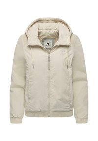 Beżowa kurtka na zamek z kapturem, ściągaczami na rękawach i bocznymi panelami. Miękki materiał o gładkiej fakturze i minimalne logo na piersi.