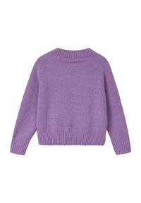 Lila gestrickter Pullover mit Rundhalsausschnitt, Rippbündchen und Saum, weicher Textur und lässiger Passform. Rückansicht gezeigt.