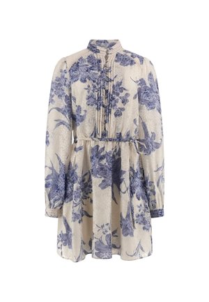 Floral dress in cream with blue patterns, featuring a collared neck, button front, long sleeves, and an elastic waist, creating a gathered skirt.
