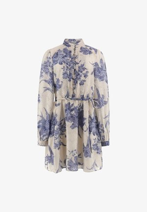 Abito floreale crema con motivi blu, dotato di colletto, apertura con bottoni, maniche lunghe e vita elastica, che crea una gonna arricciata.