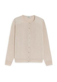 Beige Kaschmir-Cardigan mit rundem Ausschnitt, langen Ärmeln und Knopfverschluss vorne. Glatte Textur und gerippte Saumdetails.