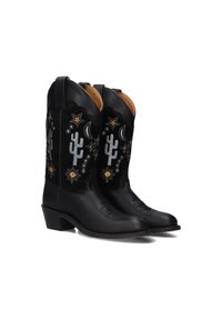Zwarte cowboylaarzen met een gladlederen neus en een matte fluwelen schacht, versierd met zilveren en gouden borduursels van sterren, een maan en een cactus.