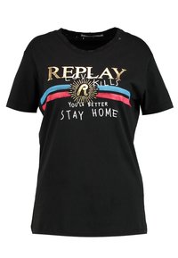 Black short-sleeve t-shirt with gold "REPLAY," red and blue stripes, sunburst logo, and text "EVIL KILLS YOU'LL BETTER STAY HOME" on front.