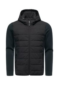 Black padded jacket with a hood, featuring contrasting dark sleeves and a zip front. Includes two side zip pockets and a logo detail.