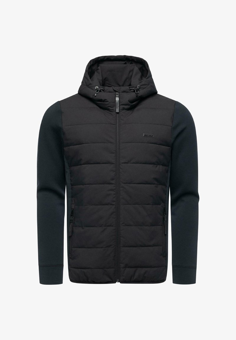 Black padded jacket with a hood, featuring contrasting dark sleeves and a zip front. Includes two side zip pockets and a logo detail.